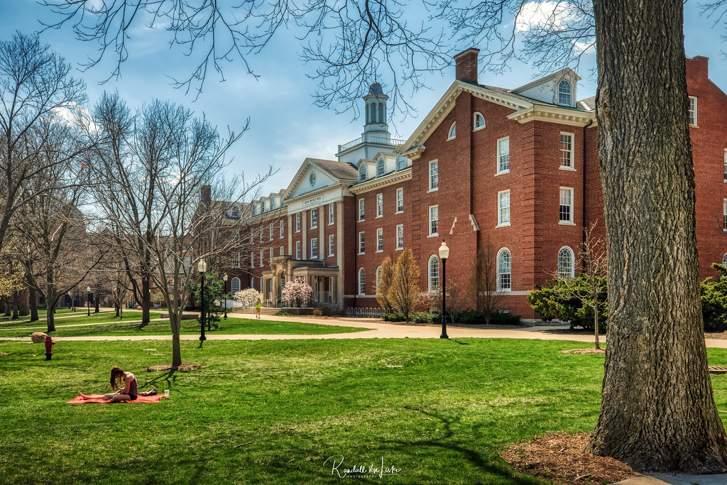Student seated on the Quad grass in front of the Fell Hall.