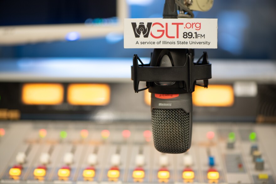 WGLT station sign on a radio microphone